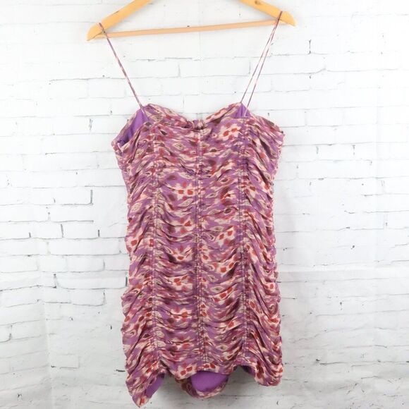 ZARA PURPLE PEACOCK FEATHER PRINT SPAGHETTI STRAP RUCHED MINI DRESS SIZE MEDIUM - Picture 9 of 9